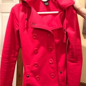 Pink pea coat with removable fur hood